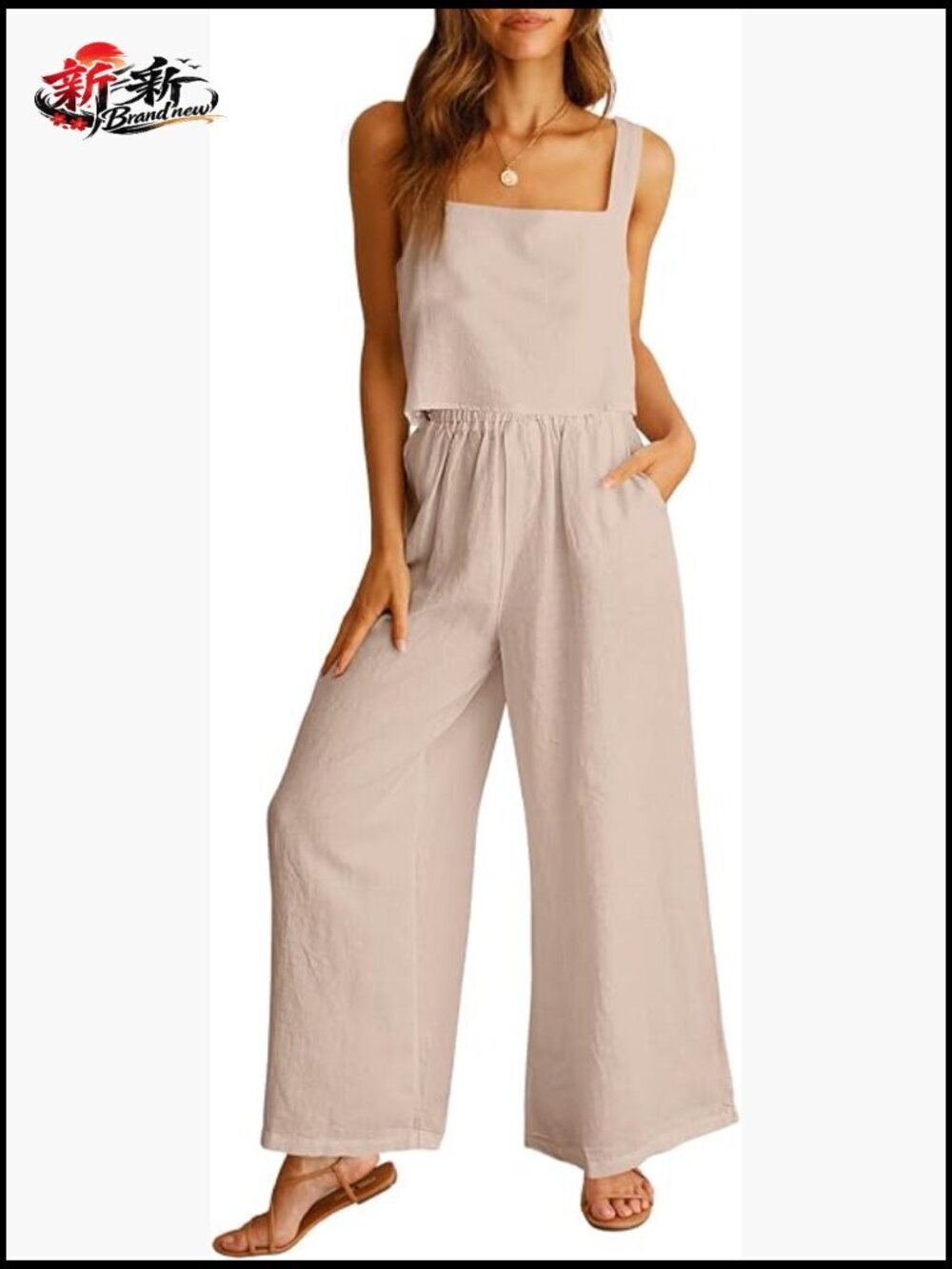 Linen Blend 2 Piece Outfit with Crop Top and Wide Leg Pants